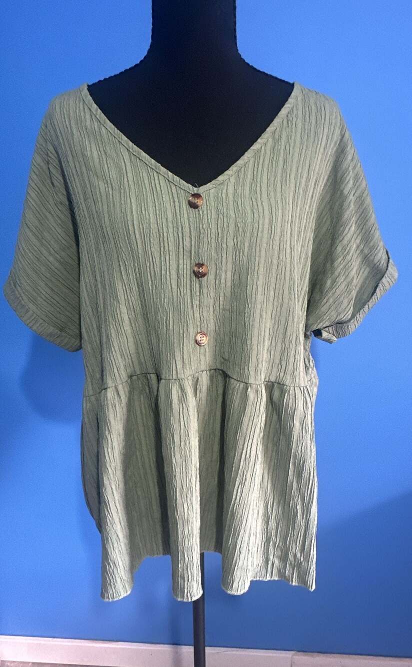 SHEIN Sage Green V-Neck Short Sleeve Button-Down Crinkle Peplum Blouse Top XL